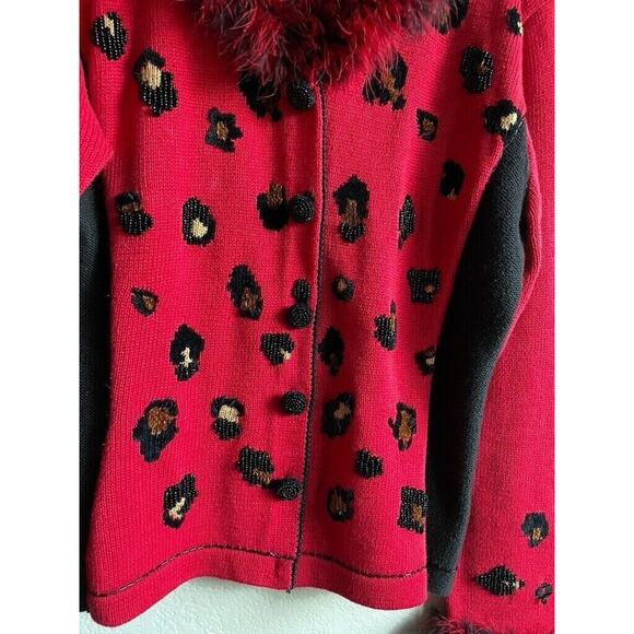 Berek 2 Knit Cardigan Sweater Beaded Animal Sz Large Embellished Red Black - Picture 2 of 7